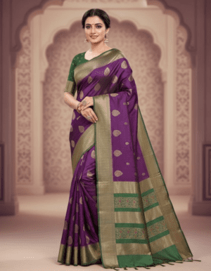 Exquisite Royal Purple Banarasi Silk Saree with Contrast Emerald Blouse
