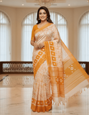 Off-White and Mustard Yellow Handloom Cotton Batik Saree