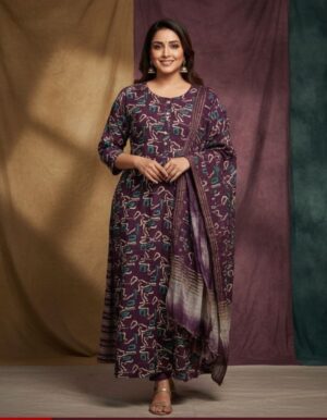 Royal Plum Abstract Print Kurta Set with Elegant Dupatta for Women