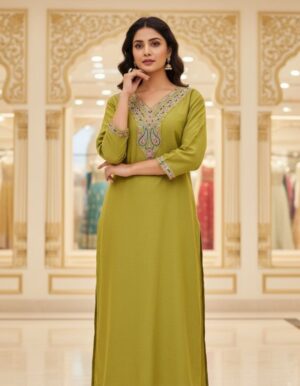 Olive Grace Elegance – Premium Cotton Embroidered Flared Kurta for Women