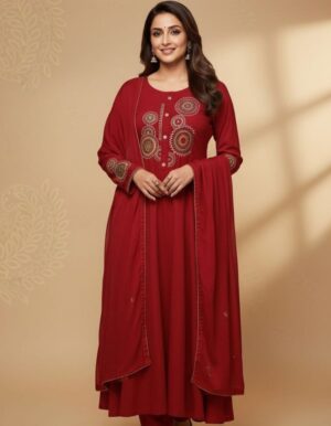 Royal Crimson Charm – Pure Cotton Embroidered Anarkali Kurta Set with Dupatta