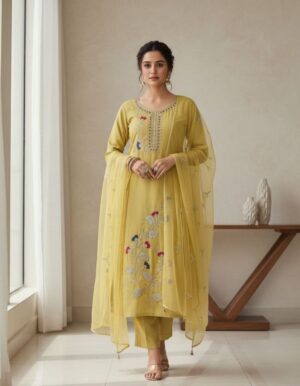 Sunlit Gulbahar Banarasi Silk Suit Set with Handcrafted Floral Embroidery & Organza Dupatta