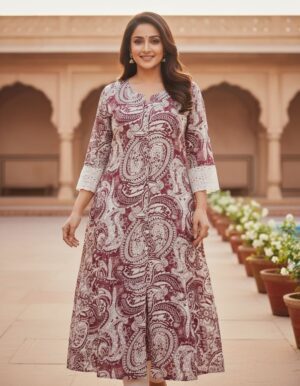 Maroon Ivory Paisley Printed Flared Ethnic Kurta for Women