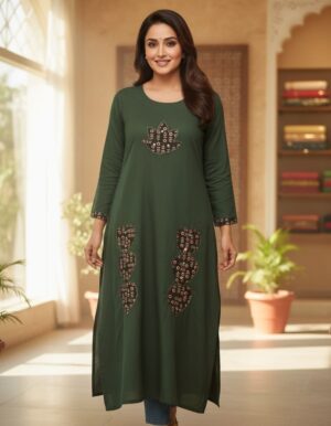 Emerald Bloom Embroidered A-Line Kurta for Women