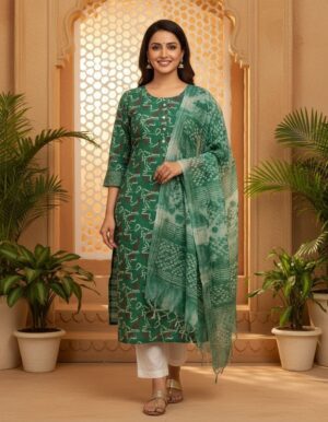Emerald Aura Abstract Printed Kurta Set with Designer Dupatta for Women