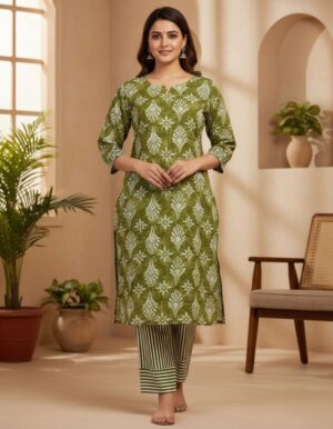 Olive Bloom Handblock Printed Kurta Set for Women