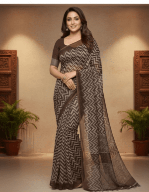 Charcoal Coffee Brown Chevron Kota Silk Saree with Geometric Pallu