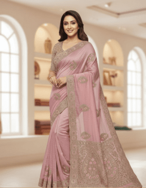 Blush Lavender Silk Georgette Saree – Resham Floral Buttis & Ornate Paisley Border