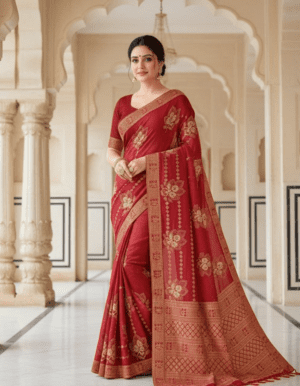 Crimson Red Chanderi Silk Saree with Antique Gold Floral Boota and Lattice Zari Pallu
