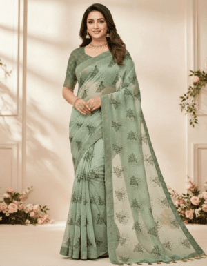 Sea Green Tree Motif Chiffon Saree with Zari Embroidered Border