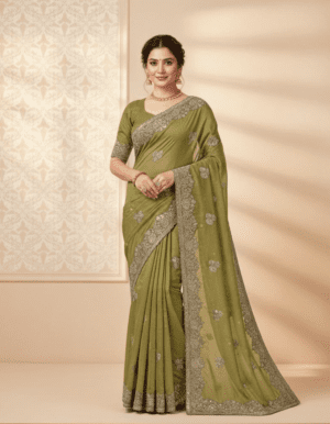 Olive Moss Silk-Georgette Saree with Baroque Silver Zari Embroidery