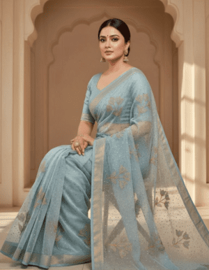 Powder Blue Premium Net Saree with Gold Floral Embroidery and Shimmer Sequins