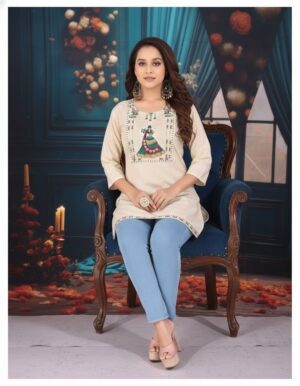 Traditional Figurative Embroidered Beige Kurti – A Canvas of Indian Heritage
