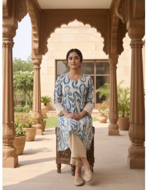 Artisanal Ikat Print Kurti with Lace Detailing – Effortless Boho-Chic