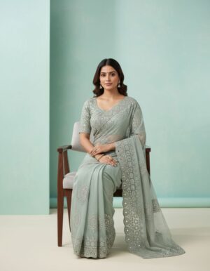 Enchanting Seafoam Green Floral Saree – A Masterpiece of Grace and Finesse