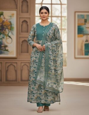 Teal Radiance: Abstract Printed 3-Piece Salwar Suit Set