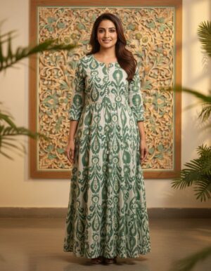 Emerald Ikat Fusion: Hand-Block Print 3-Piece Anarkali Set