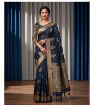 Elegant Navy Blue Banarasi Silk Saree with Exquisite Golden Zari Weaving