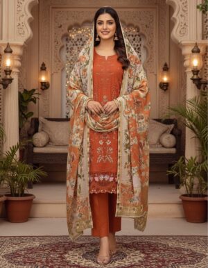 Rustic Terracotta Floral Embroidered Straight Suit Set with Designer Printed Dupatta