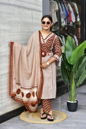 Rustic Brown Handblock Printed Cotton Kurta Set with Dupatta