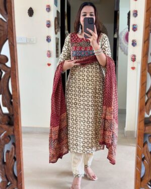 Royal Maroon Ajrakh Print Kurta Set with Elegant Dupatta