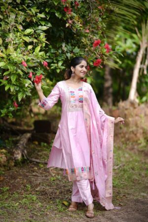 Blush Pink Embroidered Kurta Set with Elegant Woven Dupatta