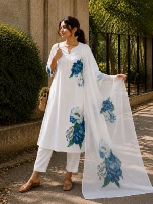 Elegant White Floral Printed Kurta Set with Matching Dupatta